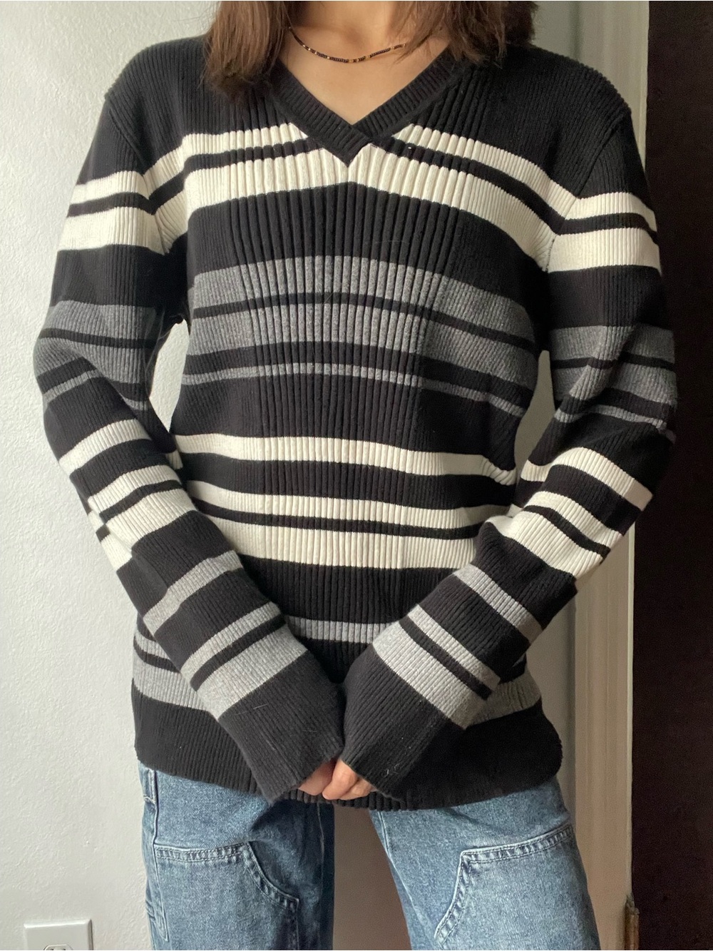 Y2K jones New York sport wide stripe v-neck